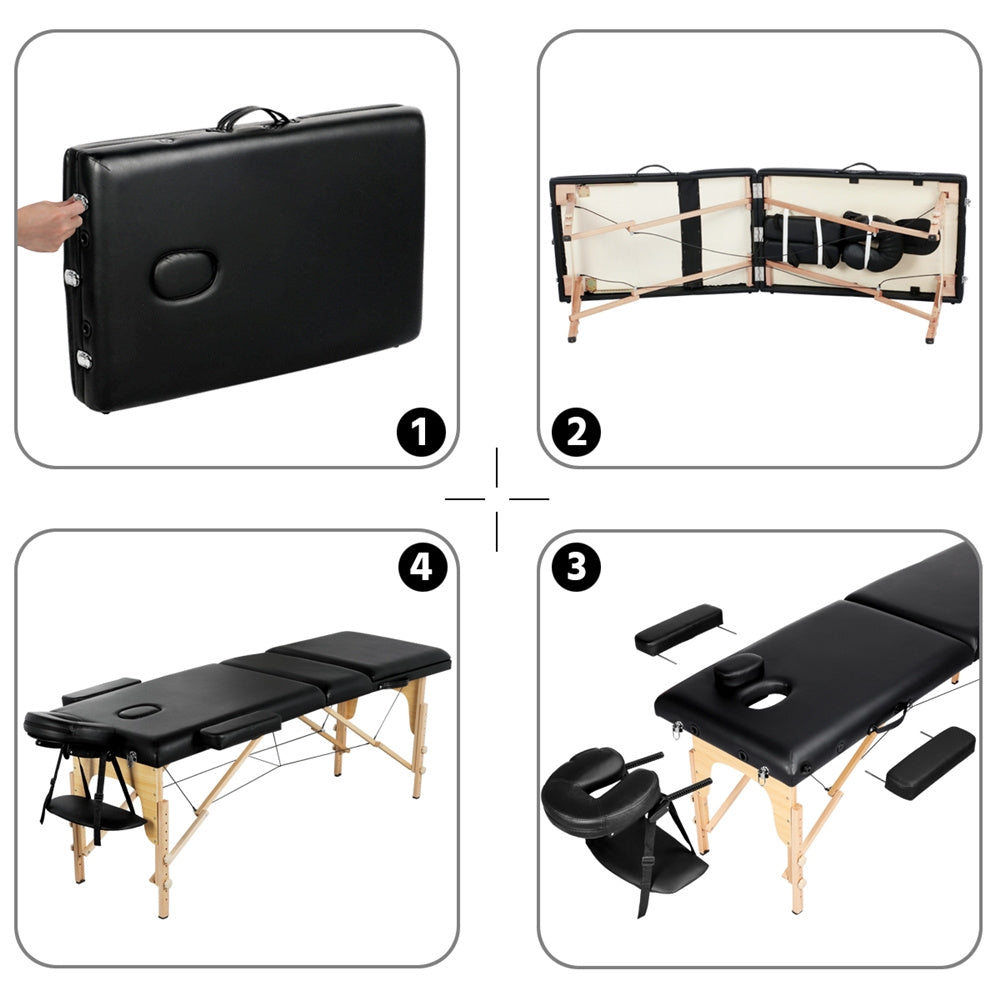 Costoffs Table de Massage Professionnelle 3 Sections Pliable - Hauteur Réglable (8 Niveaux) - Structure en Bois de Hêtre Rose Massif 250kg - Avec Dossier/Têtière/Repose-bras - Pour Clinique, Domicile, Salon de Beauté & Spa