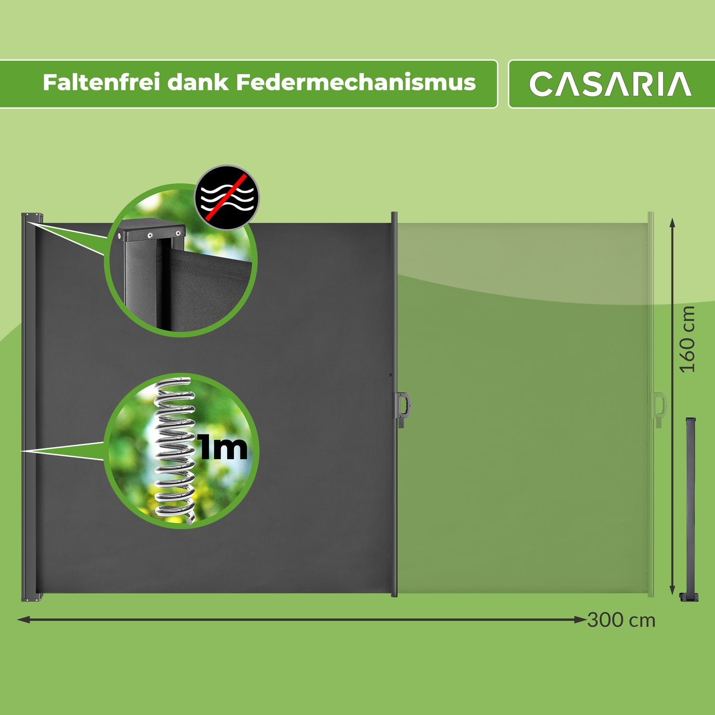 CASARIA® Nosara 180X300Cm Auvent Pare-soleil Rétractable Coupe-vent et Imperméable pour Balcon, Terrasse et Jardin, Anthracite