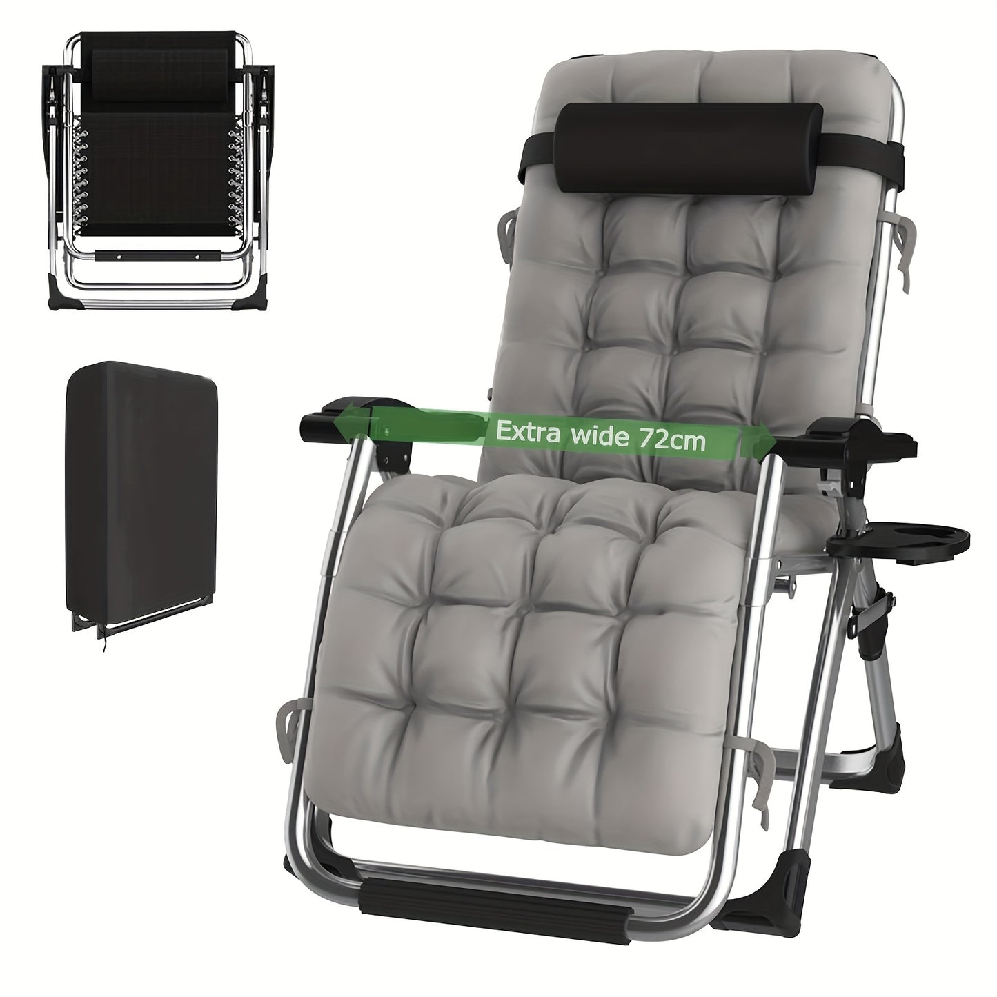 Chaise longue de détente zéro gravité surdimensionnée, 72 cm extra large, inclinable pliable et réglable, capacité de 500 lbs/200 kg, coussin détachable en coton doux avec appui-tête, porte-gobelet, noir gris, pour jardin, terrasse, balcon, patio extérieu