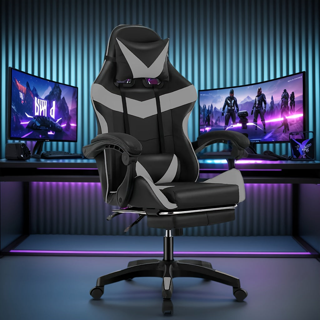 Fauteuil de gaming ergonomique avec repose-pieds - Fauteuil inclinable robuste à hauteur réglable, pivotant à 360° et avec support lombaire, mécanisme d'inclinaison manuel, options de couleur noir/rouge/blanc, texture imitation, rembourrage en mousse et c