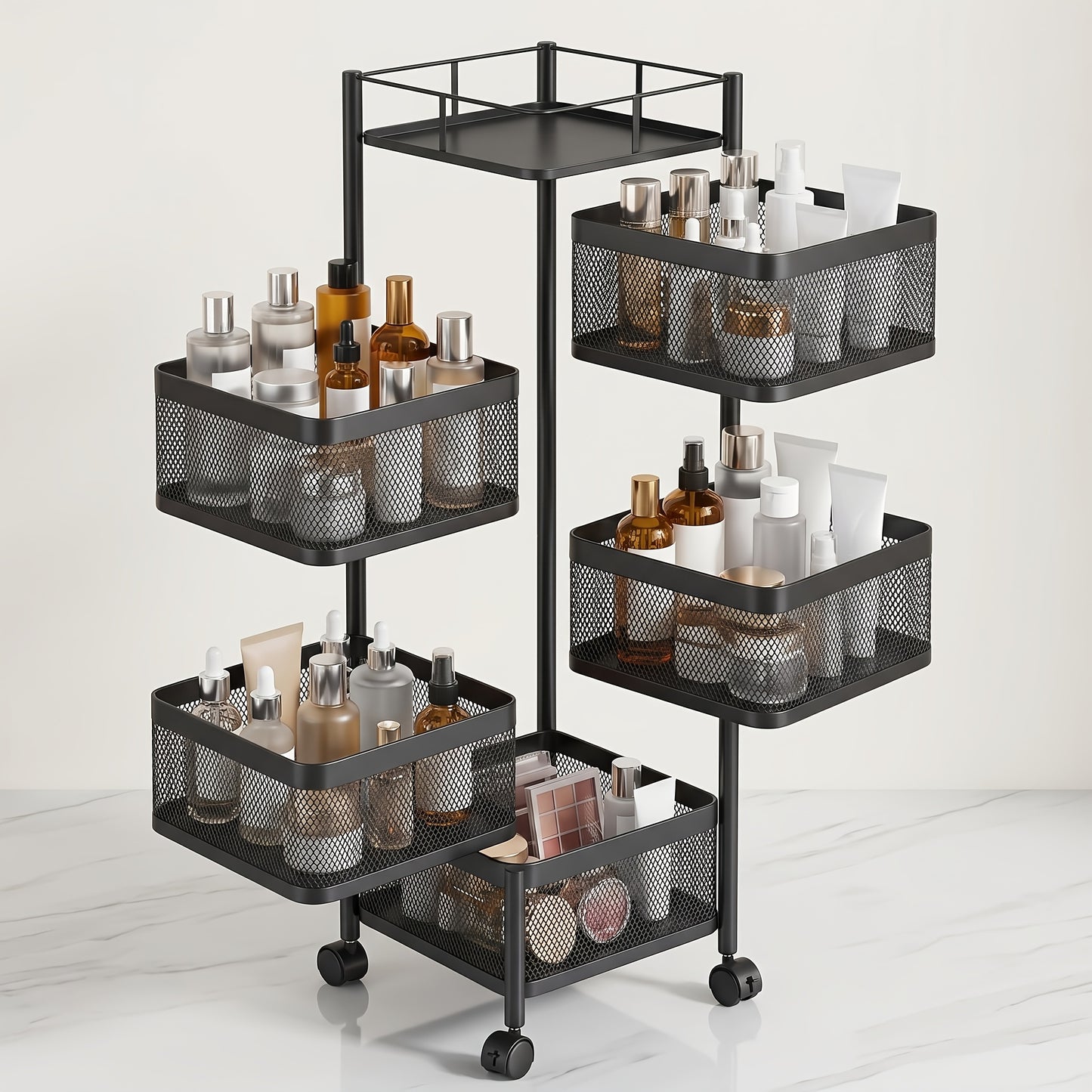 Chariot de cuisine universel multifonctionnel avec étagère, panier de rangement et conteneur sur roulettes, organisateur d'étagère pour cuisine, salle de bain et bureau, noir, 5 compartiments