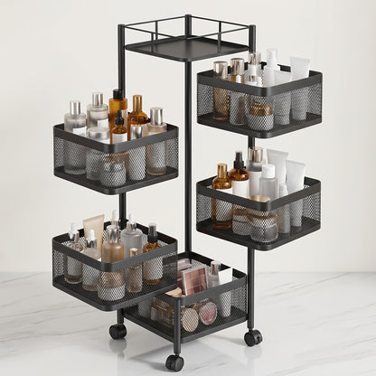 Chariot de cuisine universel multifonctionnel avec étagère, panier de rangement et conteneur sur roulettes, organisateur d'étagère pour cuisine, salle de bain et bureau, noir, 5 compartiments