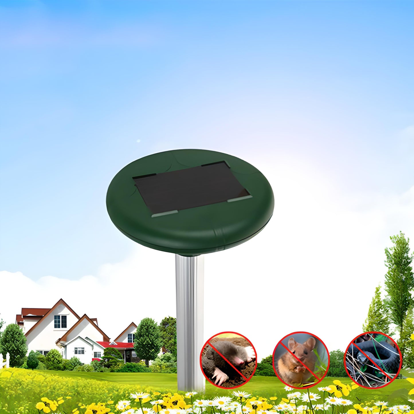 Lot de 2 Répulsifs Solaires Puissants pour Taupes, Campagnols et Rongeurs, Dissuasif Fort pour Petits Mammifères avec Émission de Son et de Vibrations, Fonctionnement Cyclique toutes les 40 Secondes, Portée jusqu'à 30 Mètres, Signal Acoustique Variable, F