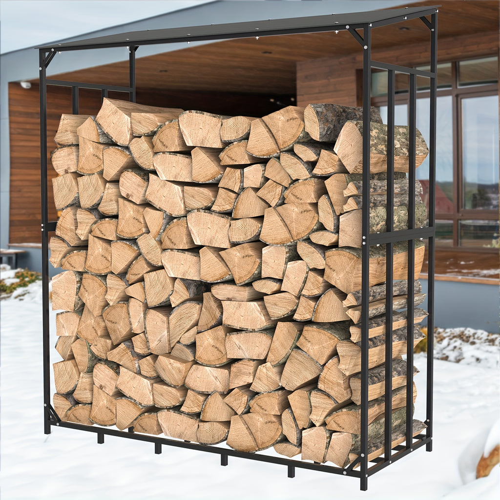 Rangement de Bois de Chauffage Extérieur avec Couvercle Supérieur - Support en Acier Tubulaire Résistant à la Rouille, Porte-Bois pour Terrasse, Patio, Jardin - Abri à Bois Robuste (61,6”x23,6”x66,3”) pour Cheminée, Poêle à Bois, Feu de Camp