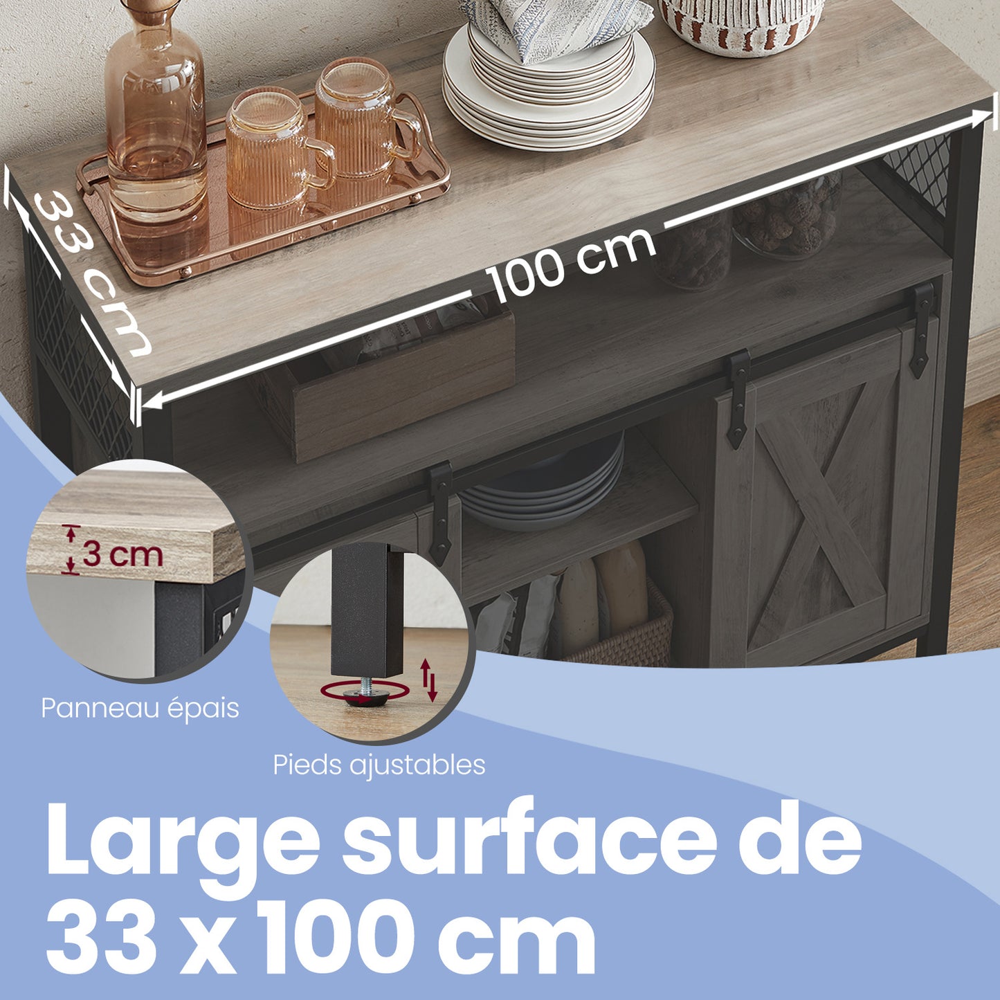 Meuble de Rangement, Buffet Cuisine, Commode, avec 2 Portes Coulissantes, 33 x 100 x 80 cm, Étagères Réglables, pour Salon