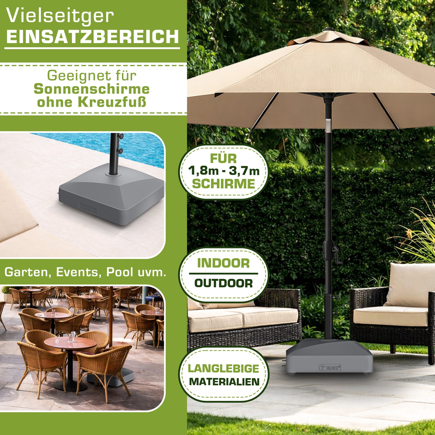 Tillvex® Support de Parasol GRAVIA avec Roues et Freins | Support de Parasol Remplissable 37 Litres / 56 kg | Adapté aux Parasols de Soleil et de Marché Ø 1,8-3,7 m | Roulable, Résistant aux Intempéries et aux UV pour Balcon, Terrasse, Jardin, Petits et G