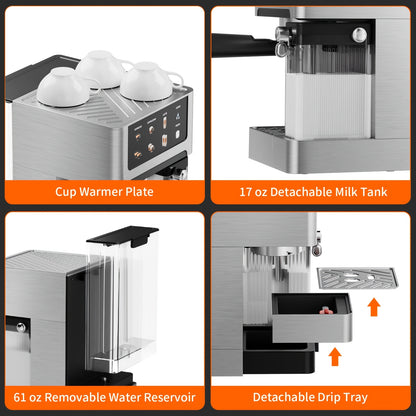 Machine à café espresso, 20 bars de pression, réservoir d'eau 1,8 L, mousseur à lait automatique, système à double chaudière, écran LCD, choix parfait pour la préparation de café à la maison, idéale pour préparer un espresso, cappuccino et latte authentiq