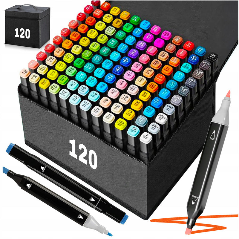 Ensemble de marqueurs à 120 pièces Flamastrs à double pointe, marqueurs à 2 extrémités 1-2 mm / 3-6 mm, imperméables après séchage, résistants aux bavures, mélange de couleurs possible, ne passent pas à travers le papier, idéal pour le dessin, le croquis,