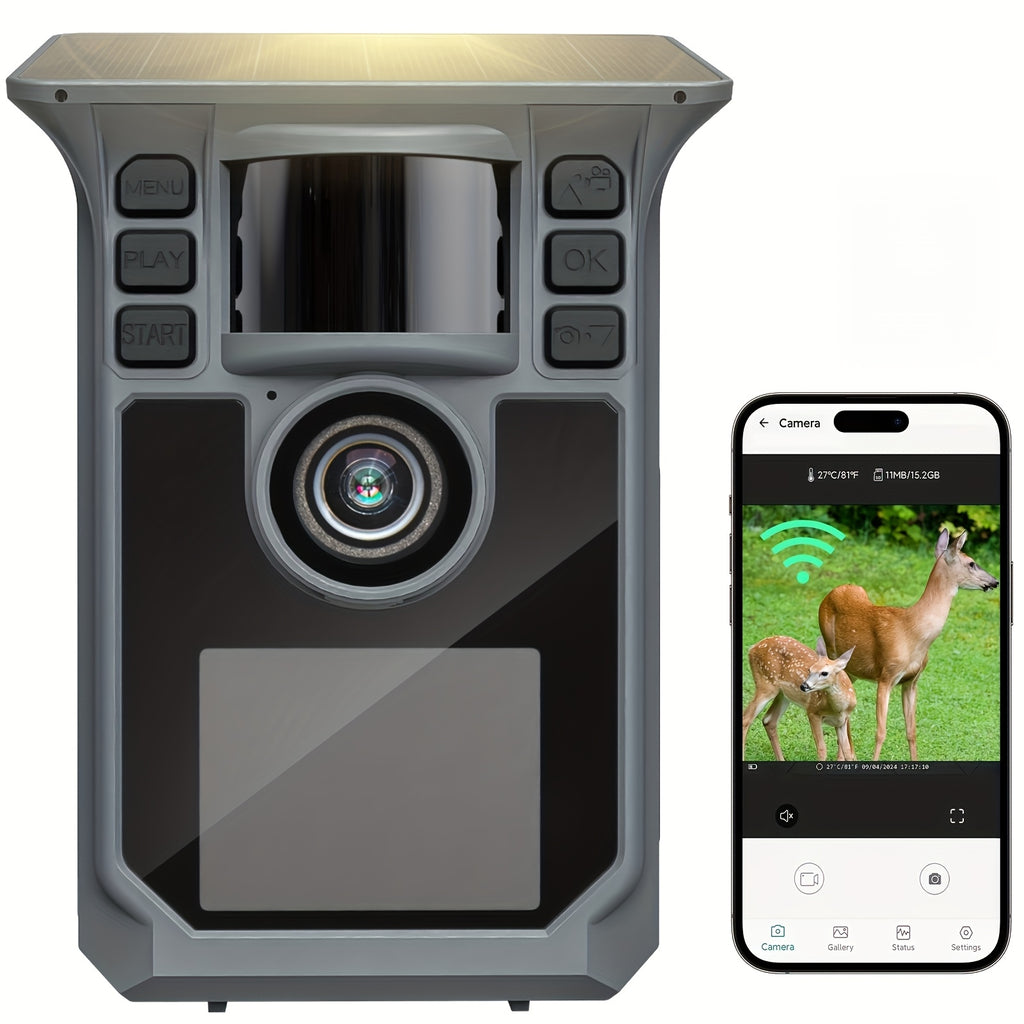 Caméra de Chasse 4K 64MP avec Vision Nocturne, Détection de Mouvement en 0,2s & 130°, Caméra de Jeu WiFi avec Écran, Panneau Solaire & Batterie de Secours pour Chasse, Surveillance de la Faune, Montage sur Arbre (Alertes Intelligentes via Application Mobi