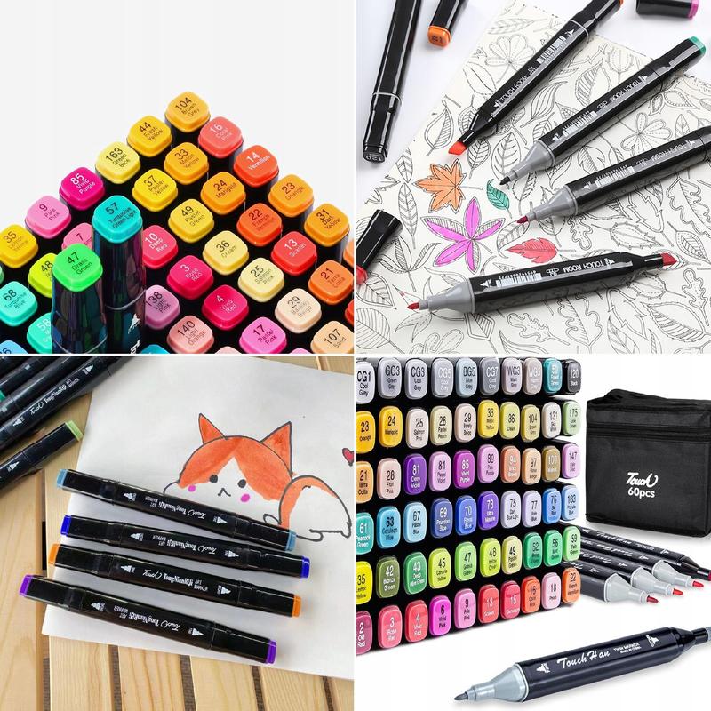 Lot de 60 marqueurs à double pointe à base d'alcool dans une trousse de transport pratique, parfaits pour les artistes, les graphistes et les passionnés de dessin et de manga. Équipés de deux pointes—fine et large—permettant un dessin précis et le remplis
