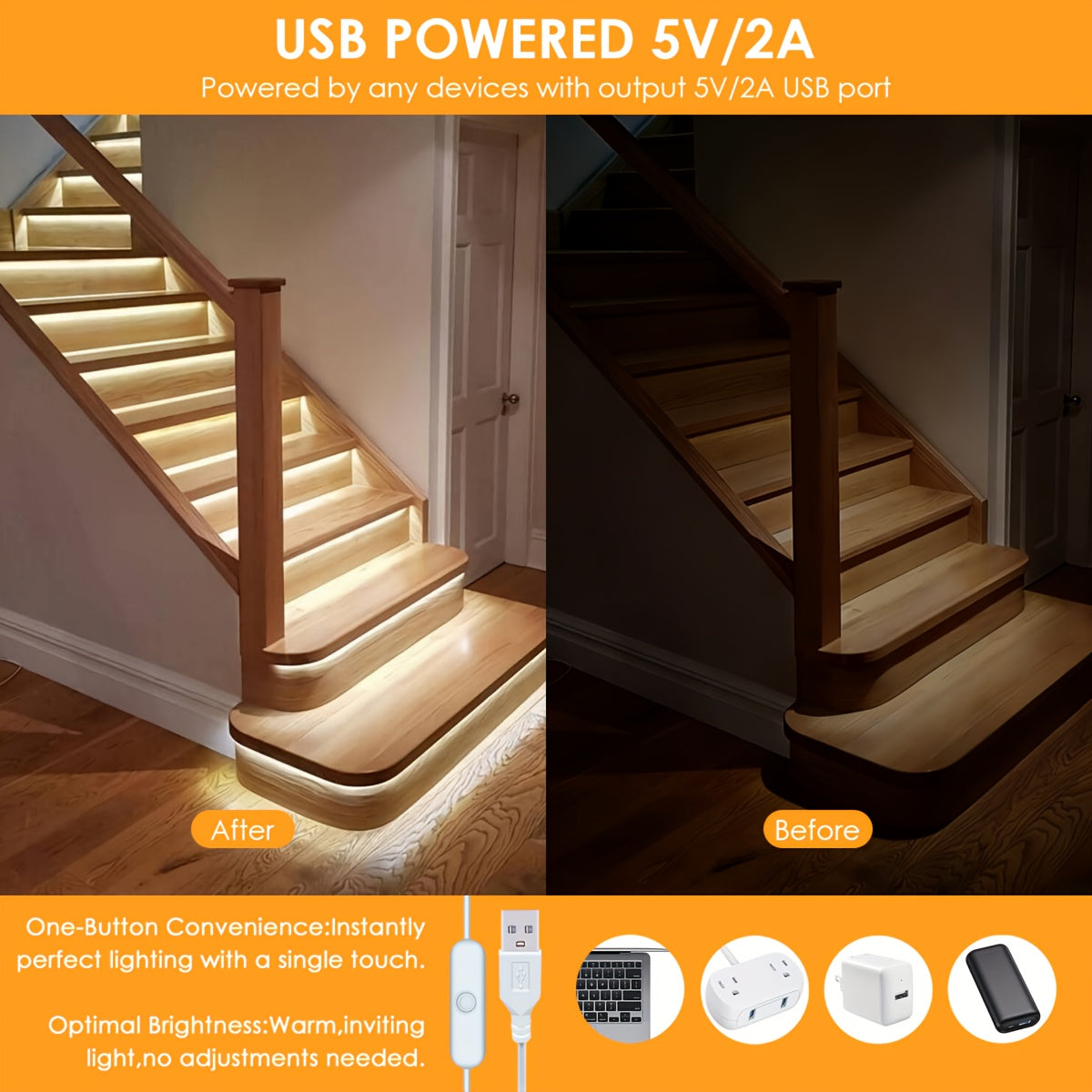 Bande Lumineuse LED COB HOTU, Alimentation USB Flexible Auto-Adhésive Découpable 400 Lampes, Conception Mètre Sans Faisceau pour Meubles Armoire, Base de Cuisine, Éclairage Ambiant Chambre Blanc Chaud, Couleur Lumière du Jour Réglable