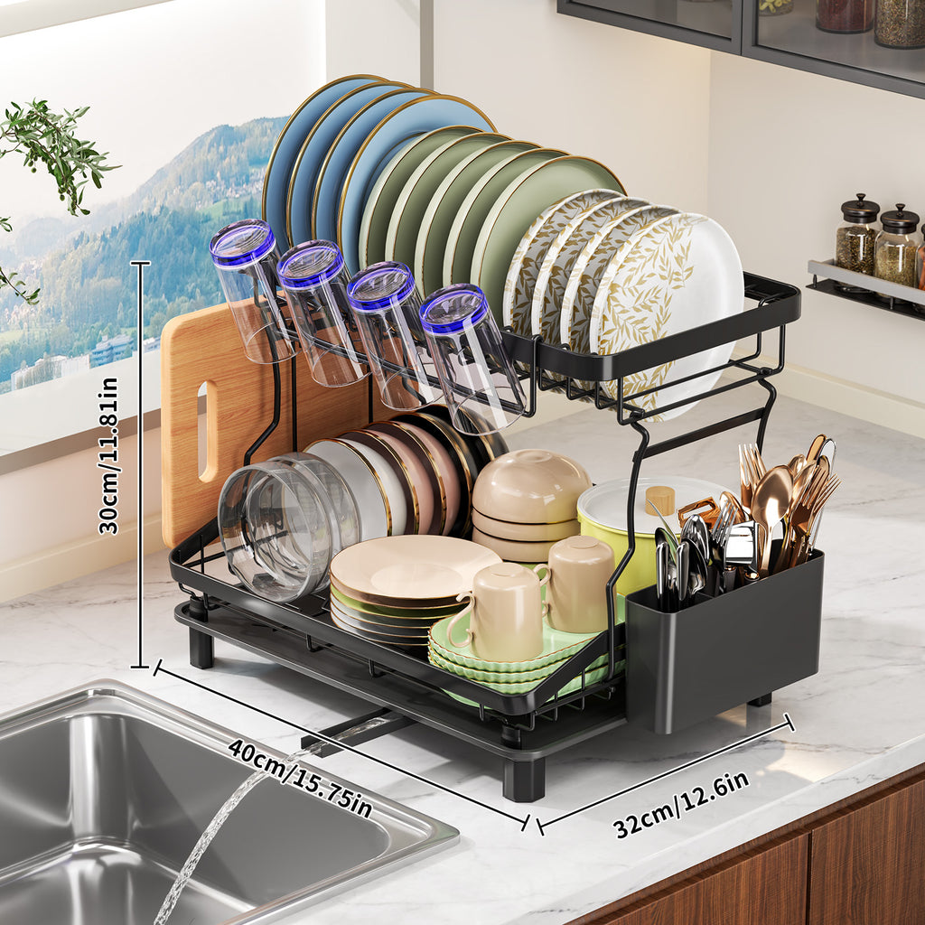 Égouttoir à vaisselle à 2 niveaux, égouttoir pour plan de travail de cuisine, avec tuyau de drainage réglable, équipé d'un boîtier à couverts, convient pour ranger assiettes, tasses et planches à découper