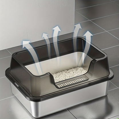 Litière grande taille en acier inoxydable avec couvercle, conçue pour les grands chats, facile à entretenir et sans odeur, avec des murs hauts et une construction métallique durable