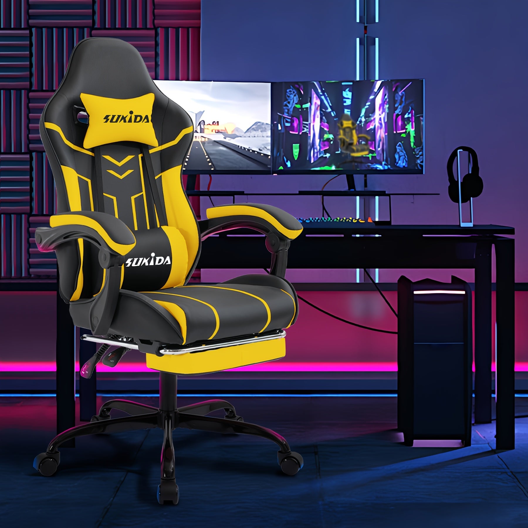 Fauteuil de jeu avec repose-pieds, large surface de siège, accoudoirs liés, dossier haut, chaise de gaming, chaise PC, fauteuil lounge à 135 degrés, chaise de gaming PC, roulettes silencieuses, hauteur réglable, chaise d'ordinateur, chaise d'apprentissage