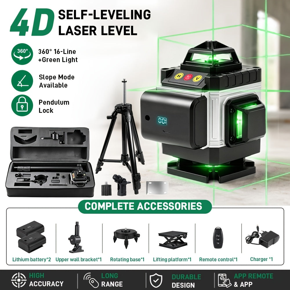 1 Ensemble Niveau Laser 16 Lignes 360 Nivellement Automatique, Outil de Niveau Laser à Ligne Croisée Verte 4X360° pour la Construction et la Suspension de Tableaux, Niveau Laser 4D