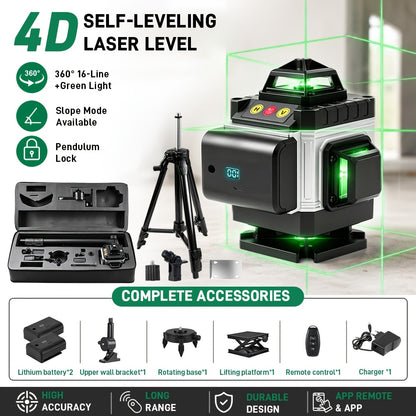1 Ensemble Niveau Laser 16 Lignes 360 Nivellement Automatique, Outil de Niveau Laser à Ligne Croisée Verte 4X360° pour la Construction et la Suspension de Tableaux, Niveau Laser 4D