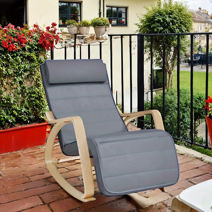 Fauteuil à bascule en bois de bouleau avec accoudoirs, un design lounge et un repose-pieds réglable en cinq positions différentes