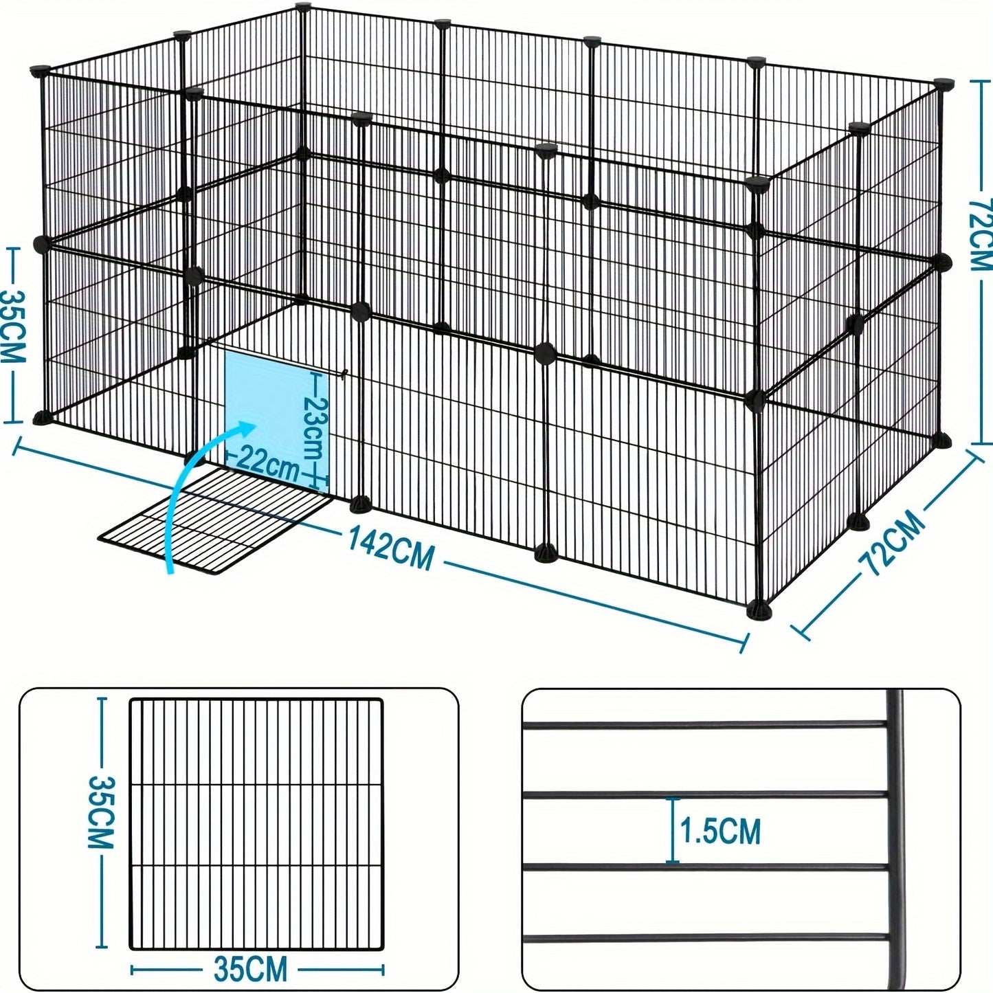 Enclos extérieur pour lapins, enclos pour cochons d'Inde, enclos pour petits animaux, enclos pour petits animaux, enclos extérieur pour lapins, hamsters, tortues, clapier à lapins à l'intérieur, porte comprise, bricolage 142x72x72cm
