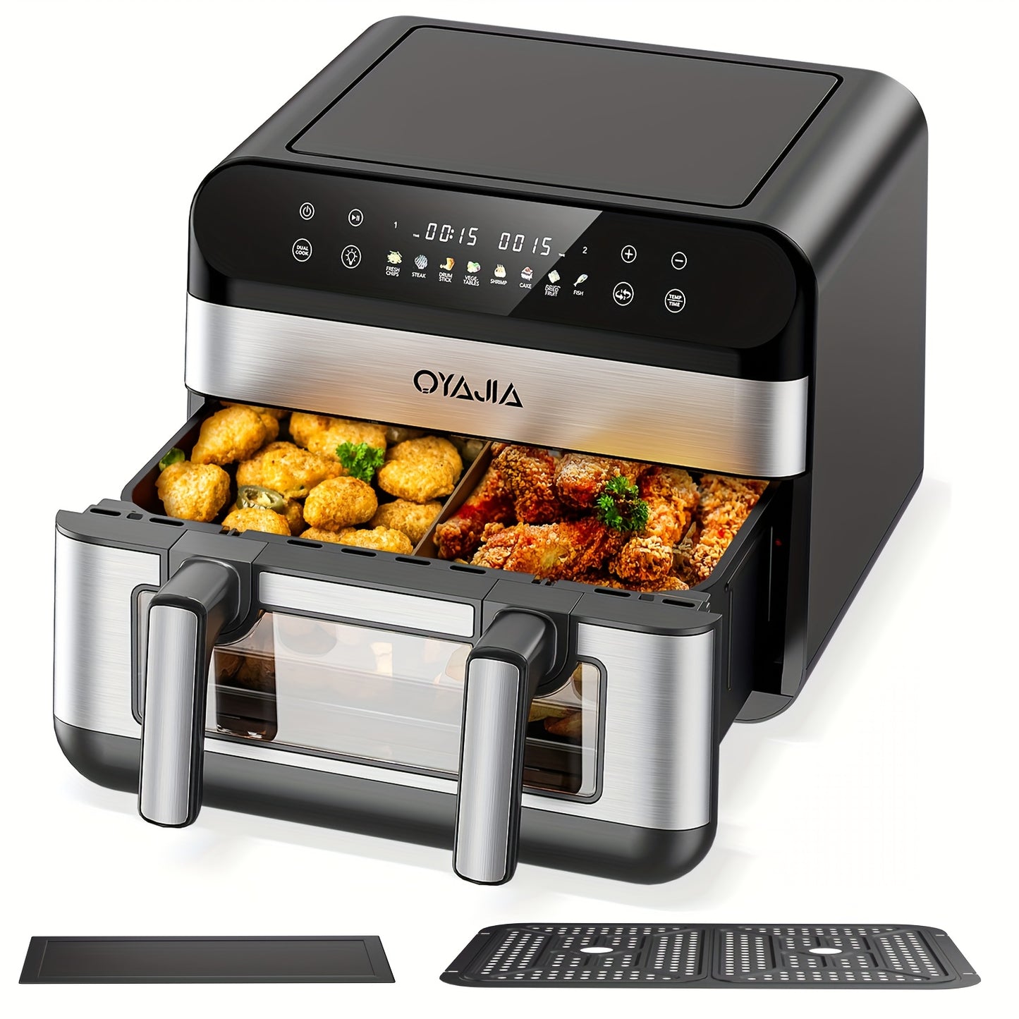 Friteuse à air 10/11L avec deux paniers flexibles, écran tactile numérique, 8 modes de cuisson, température réglable, fenêtre de visualisation, lavable au lave-vaisselle et technologie de cuisson saine pour les familles et la préparation des repas