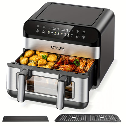 Friteuse à air 10/11L avec deux paniers flexibles, écran tactile numérique, 8 modes de cuisson, température réglable, fenêtre de visualisation, lavable au lave-vaisselle et technologie de cuisson saine pour les familles et la préparation des repas