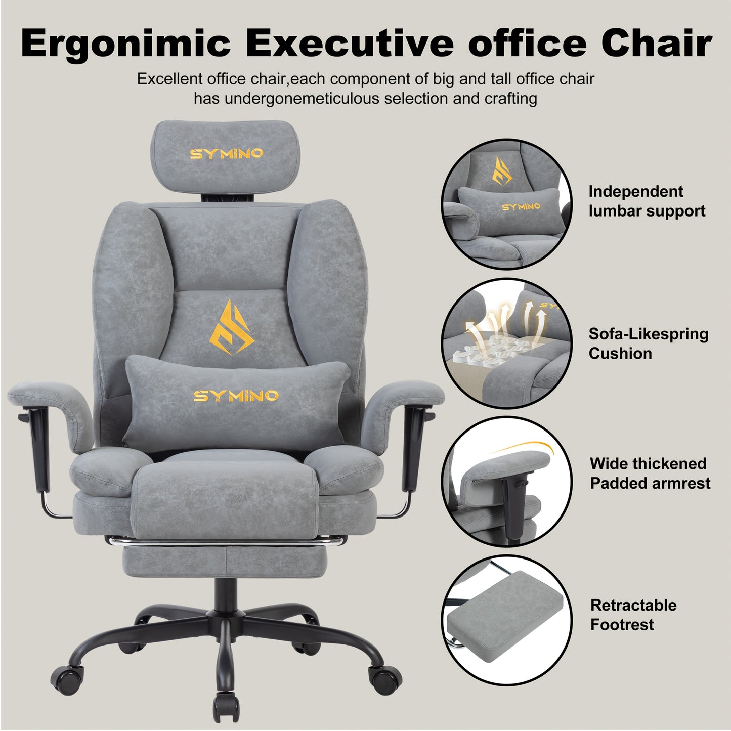 Fauteuil de gaming SYMINO, chaise de bureau ergonomique en cuir PU avec support lombaire - Fauteuil de bureau d'ordinateur inclinable pour adultes, siège de jeu vidéo style course (hauteur et appui-tête réglables)