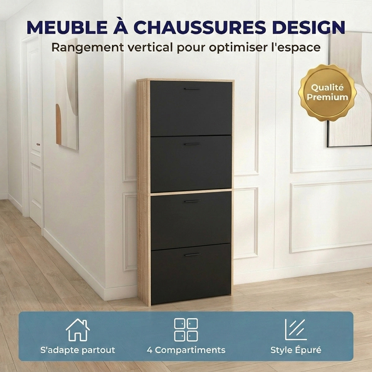 Meuble à chaussures avec 4 compartiments à rabat, armoire à chaussures en bois pour jusqu'à 24 paires, organisateur d'entrée peu encombrant