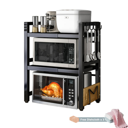 Étagère Micro-ondes Devesanter, Étagère de Cuisson Extensible 3 Niveaux avec 6 Crochets, 3 Porte-Serviettes et 1 Porte-Planche à Découper. Idéale pour Étagères de Cuisine, Étagères à Épices et Rangement de Micro-ondes. Noir. S'étend de 40 cm à 64 cm