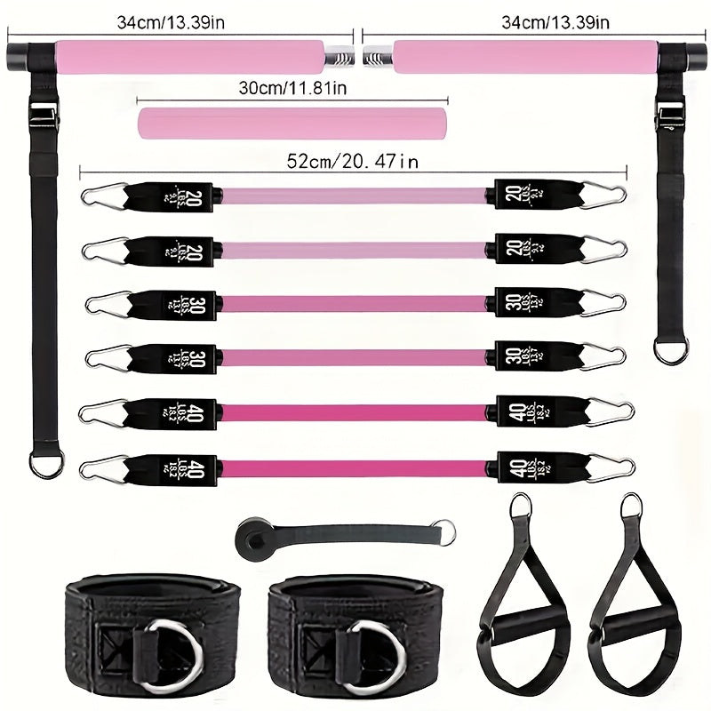Kit de barre de Pilates multifonctionnel avec bandes de résistance - Boucle d'ajustement en métal robuste, tissu éponge, entraînement complet du corps pour salle de sport à domicile, expandeur de pédale de fitness multifonctionnel - Équipement d'entraînem