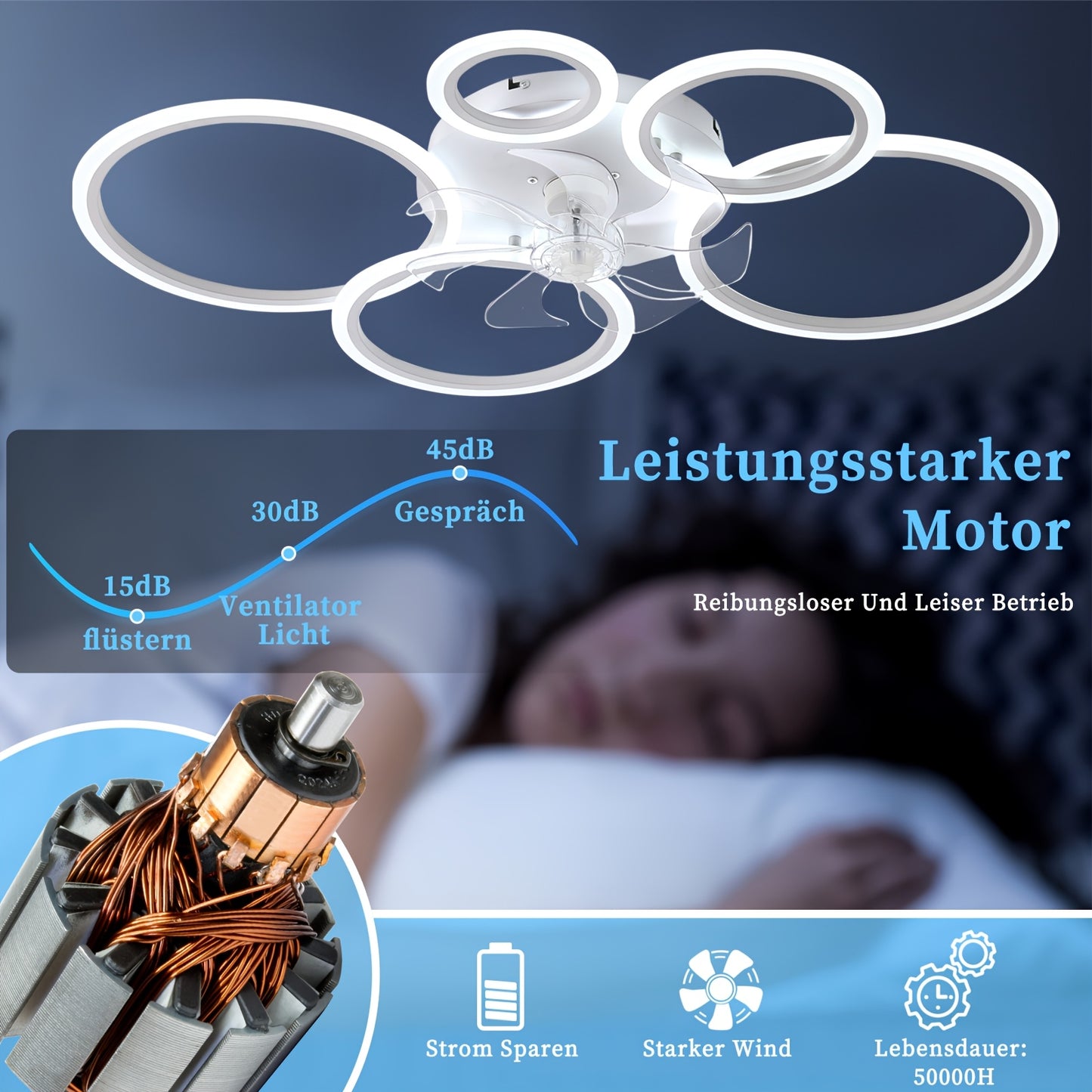 Lampe avec ventilateur moderne LED dimmable, plafonnier avec éclairage silencieux réversible pour salon, télécommande et application, 6 vitesses, minuterie, DC-blanc