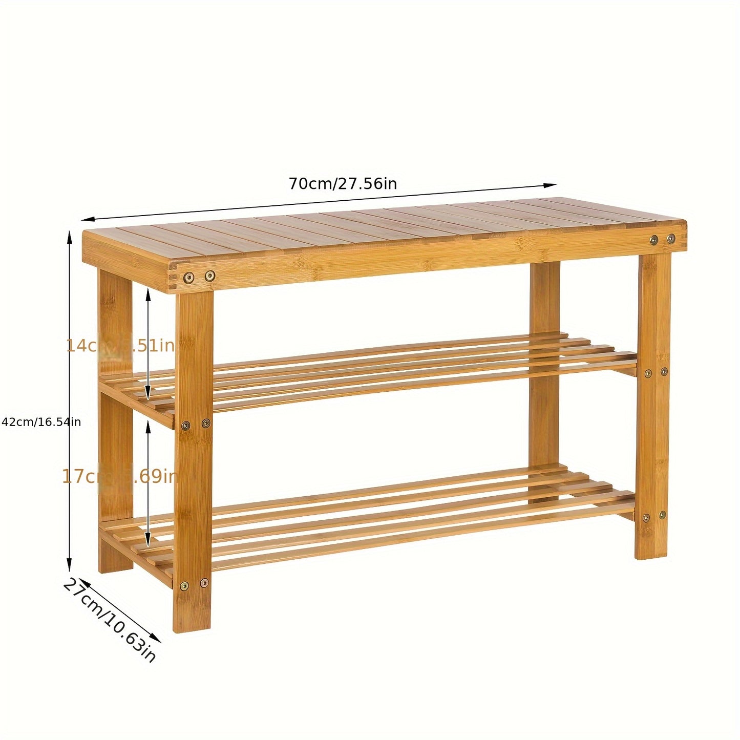 Tabouret à chaussures en bambou de 70*27*42 cm, un article ménager polyvalent et facile à utiliser avec un support de rangement à deux niveaux et un banc à chaussures, conçu de manière compacte pour une utilisation dans les salons et les balcons