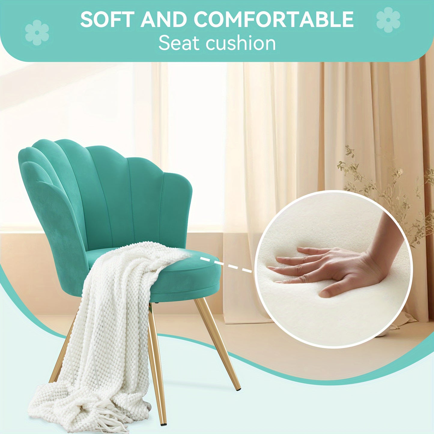 Fauteuil d'appoint moderne en velours avec dossier, chaise de coiffeuse rembourrée pour salle de maquillage, chaise d'appoint de maquillage, chaise de bureau avec pieds en métal doré pour chambre et salon