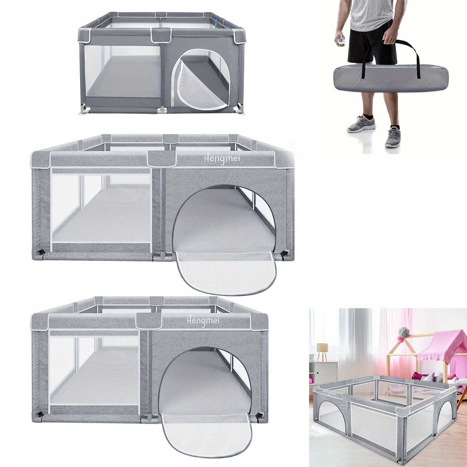 Parc pour enfants couleur unie, parc gris pour usage intérieur et extérieur, trois tailles disponibles avec base antidérapante et grille
