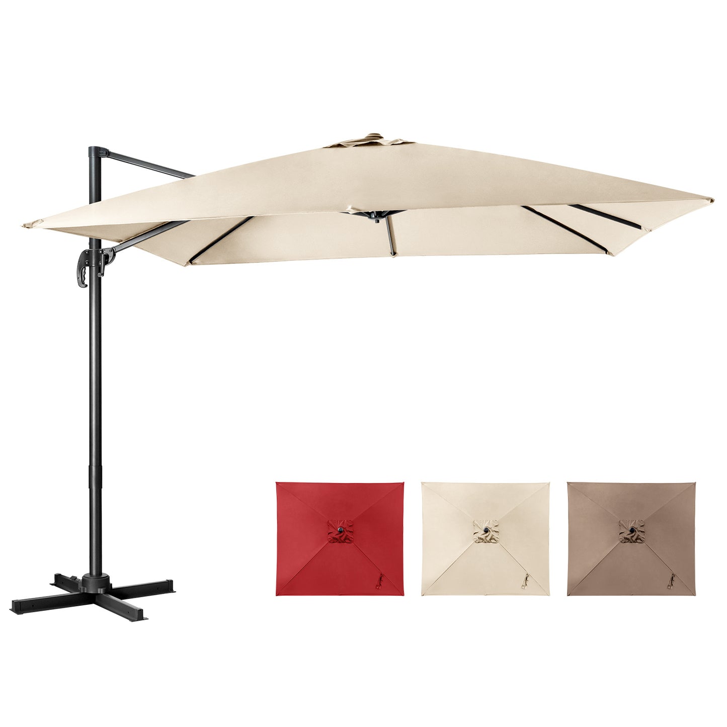 Parasol carré 300 X 300 cm, parasol de protection solaire avec cantilever rotatif à 360°, parasol de jardin inclinable, grand parasol de patio, parasol de marché pour jardins extérieurs, patios, cafés (Beige/Rouge/Café)