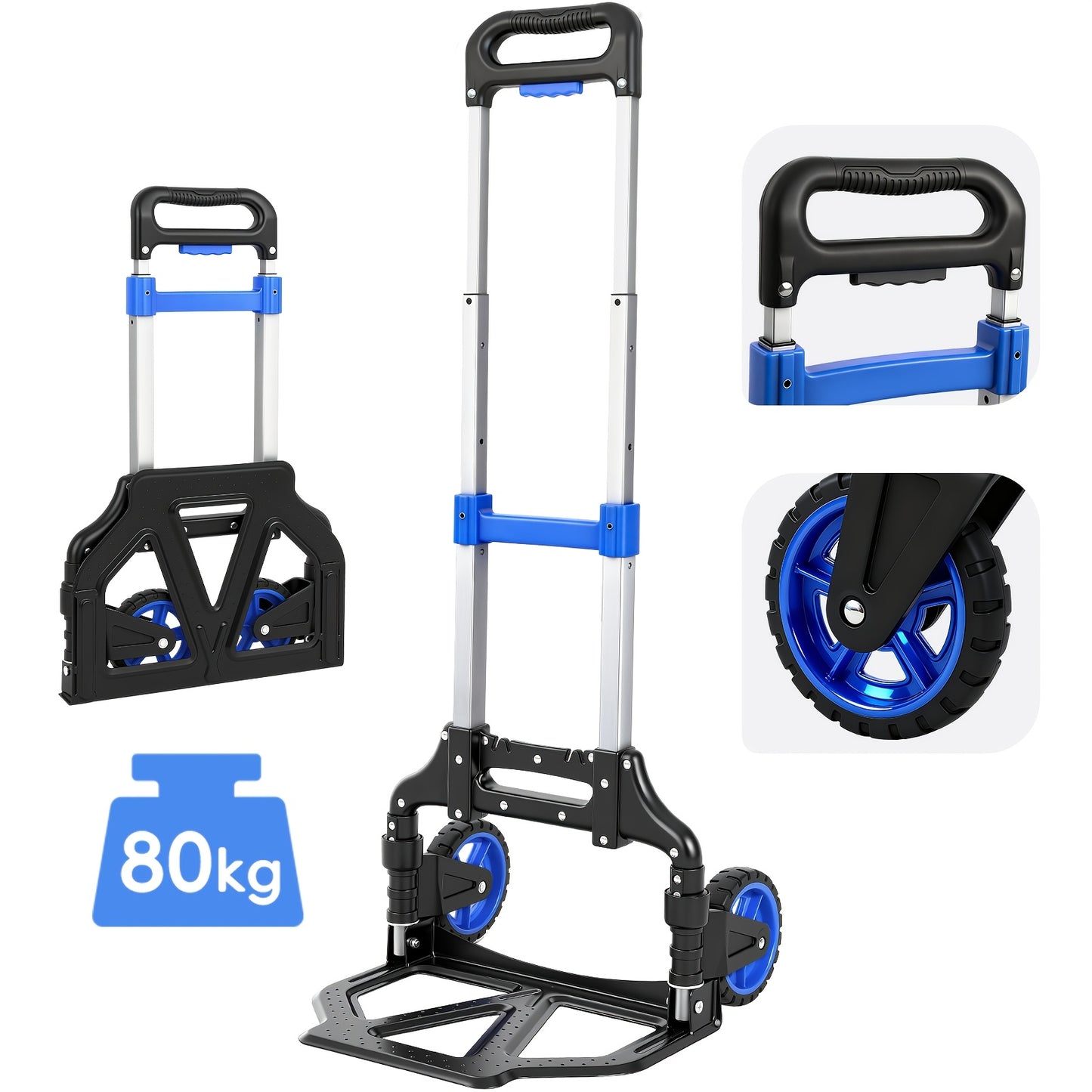 Chariot à bras pliant, Chariot de transport pliant 2-en-1 (150 kg et 80 kg), Chariot de transport robuste, Chariot plateforme avec une capacité de charge allant jusqu'à 150 kg, Chariot de transport avec roues à double roulement en TPR, frein, patin antidé