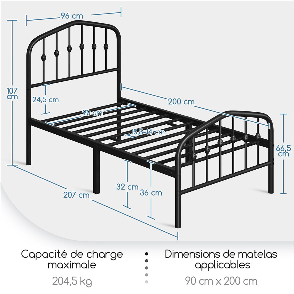 Costoffs Cadre de Lit Double en Métal Moderne - Avec Sommier à Lattes Métalliques - Espace de Rangement Sous-lit - Idéal pour Chambre, Dortoir ou Appoint - Style Industriel Intemporel