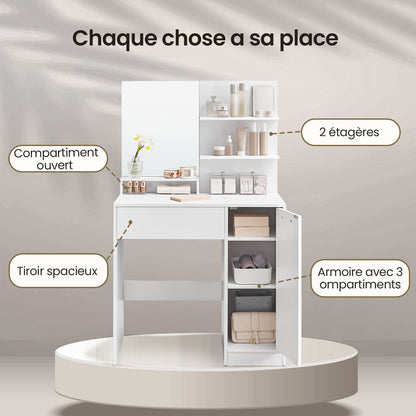 Coiffeuse avec Miroir, 1 tiroir, 2 étagères, SANS TABOURET, 80 x 40 x 132 cm, Placard de Rangement, Organisateur de Maquillage, Blanc