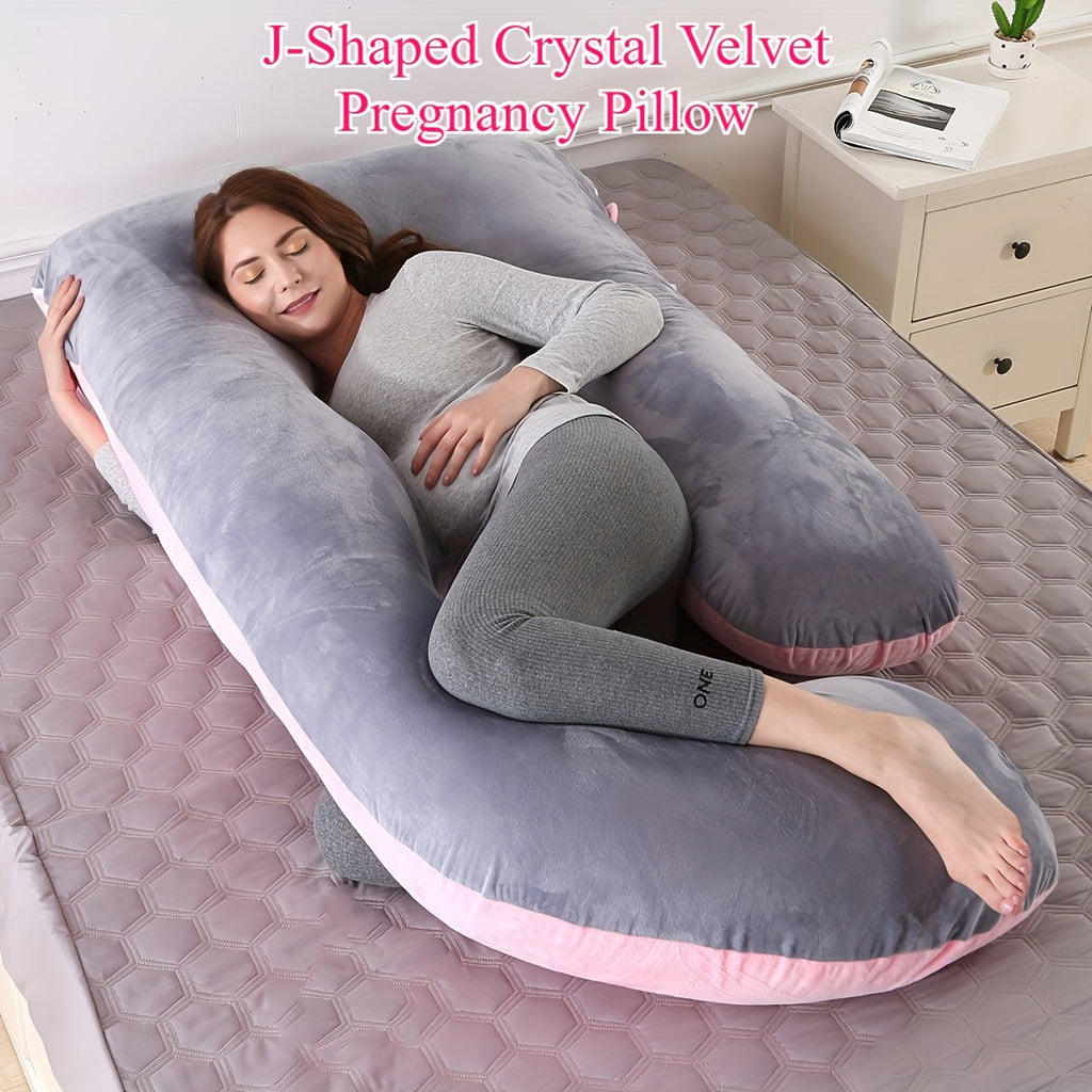 Oreiller de grossesse en velours de cristal en forme de J 70 X 145 cm - Soutien lombaire et abdominal, haute résilience, ultra confort