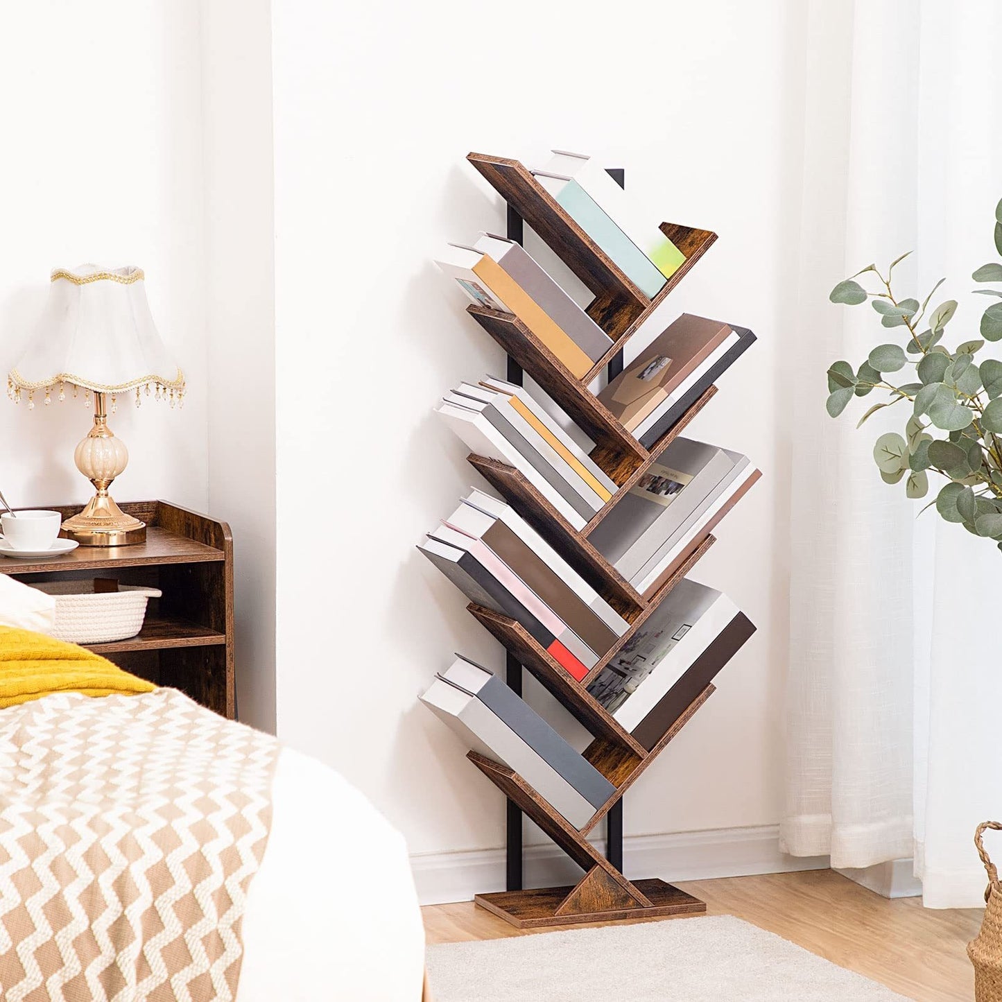 Étagère, Bibliothèque verticale à 9 niveaux, Support DVD en bois, Forme d'arbre, Cadre en métal, Convient pour salon, bureau, chambre à coucher, Marron vintage