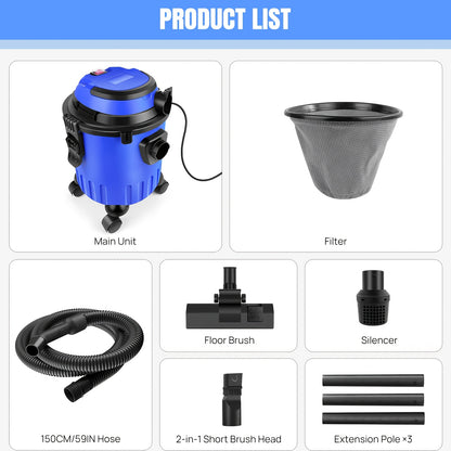 Aspirateur 3-en-1 pour sols secs et humides, extracteur de poussière industriel avec moteur puissant, fonction de soufflage, réservoir de 15L, prise d'énergie et filtres HEPA lavables, pour atelier domestique et usage professionnel