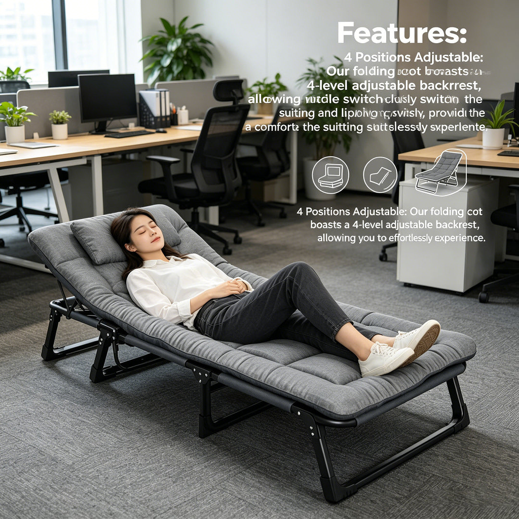 Lit pliant avec matelas moelleux - Lit portable et réglable pour une utilisation intérieure/extérieure, cadre à 4 positions, capacité de poids maximale 440 lb (200 kg) pour camping, chambre d'amis, camping-car, literie de dortoir