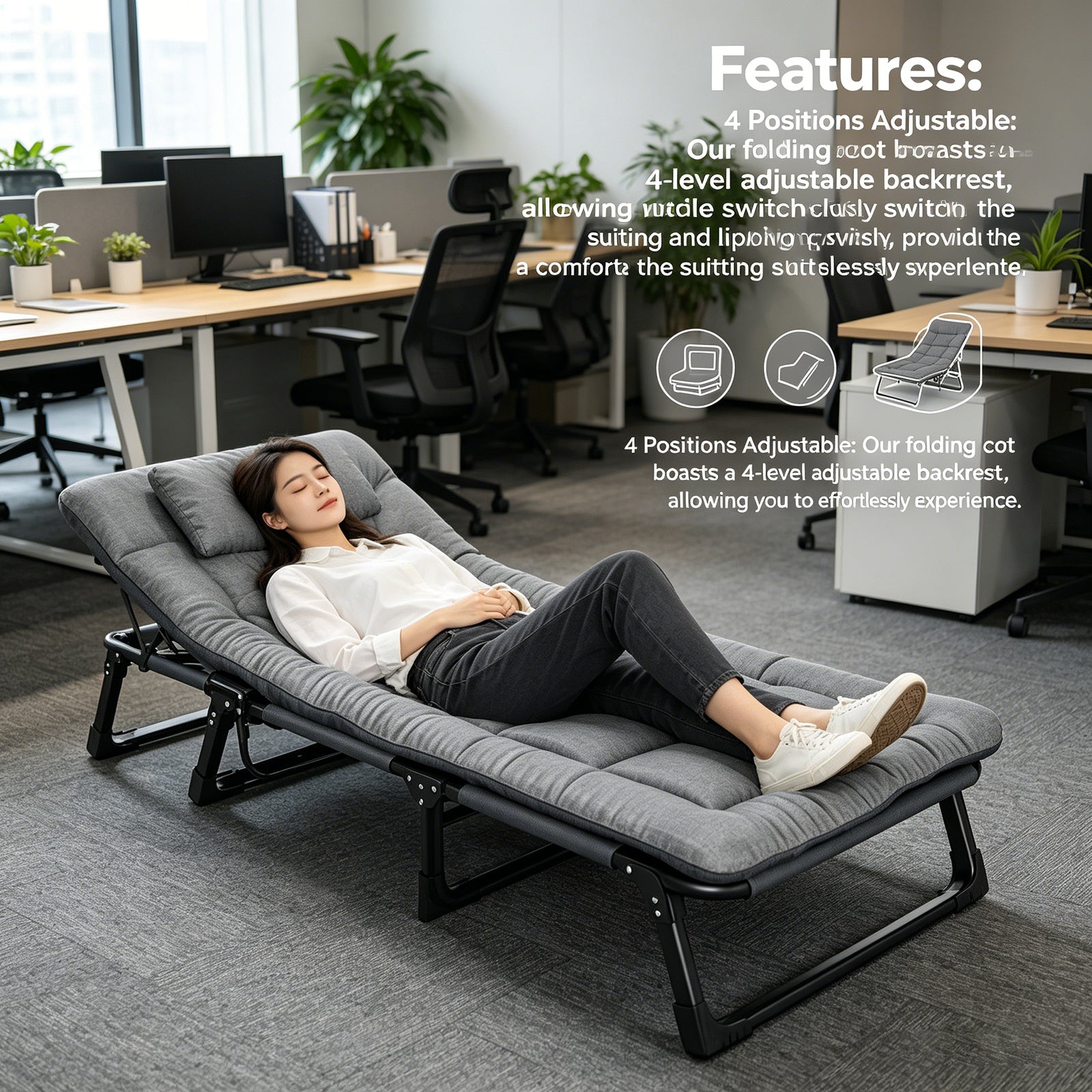 Lit pliant avec matelas moelleux - Lit portable et réglable pour une utilisation intérieure/extérieure, cadre à 4 positions, capacité de poids maximale 440 lb (200 kg) pour camping, chambre d'amis, camping-car, literie de dortoir