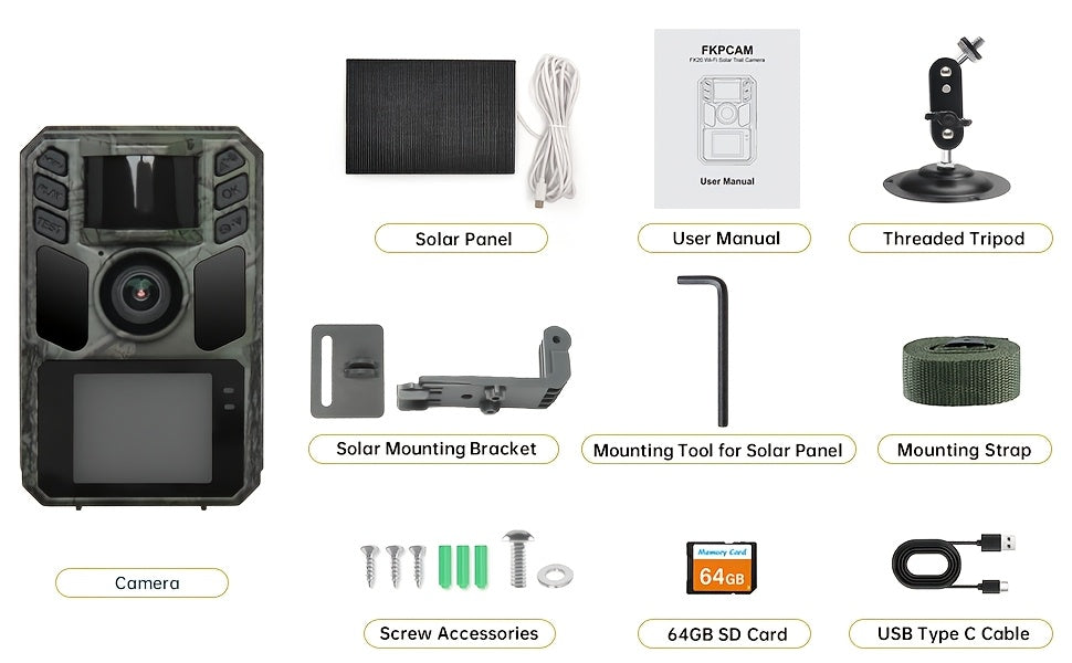 Caméra de Trail WiFi Solaire - Caméra de Chasse Rechargeable avec Batterie Intégrée 5000mAh - Vision Nocturne 4K 64MP pour Surveillance Faune, Inclut Carte Mémoire 64GB