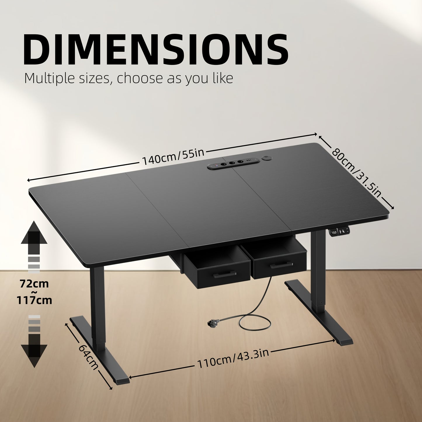 Bureau Électrique Réglable en Hauteur avec 2 Tiroirs, Prises Intégrées sur le Plateau Ergonomique - Solution Polyvalente pour Bureau à Domicile, Adultes