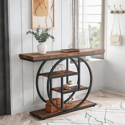 Table Console Moderne à 4 Niveaux avec Base Circulaire, Table d'Entrée Étroite en Bois avec Étagères de Rangement pour Salon, Couloir, Entrée
