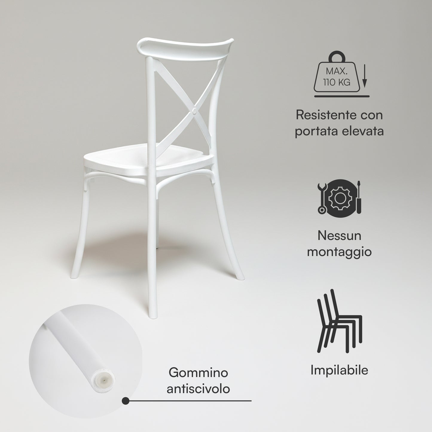 Baroni Home Lot de 4 chaises en plastique blanc – Empilables, prêtes à l'emploi sans assemblage requis, faciles à nettoyer, avec pieds antidérapants pour une stabilité accrue – Idéales pour cuisine, salon, salle à manger, jardin, terrasse ou balcon – Assi