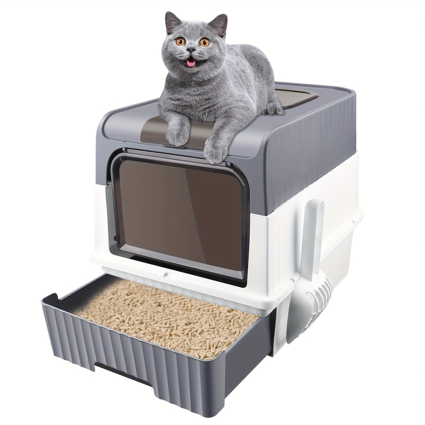 Litière pour Chat, Toilette pour Chat, Bac à Litière Fermé avec Couvercle, Bac Extractible - Gris