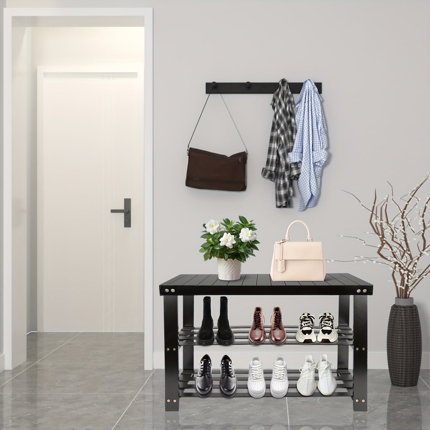 Tabouret à chaussures en bambou de 70*27*42 cm, un article ménager polyvalent et facile à utiliser avec un support de rangement à deux niveaux et un banc à chaussures, conçu de manière compacte pour une utilisation dans les salons et les balcons