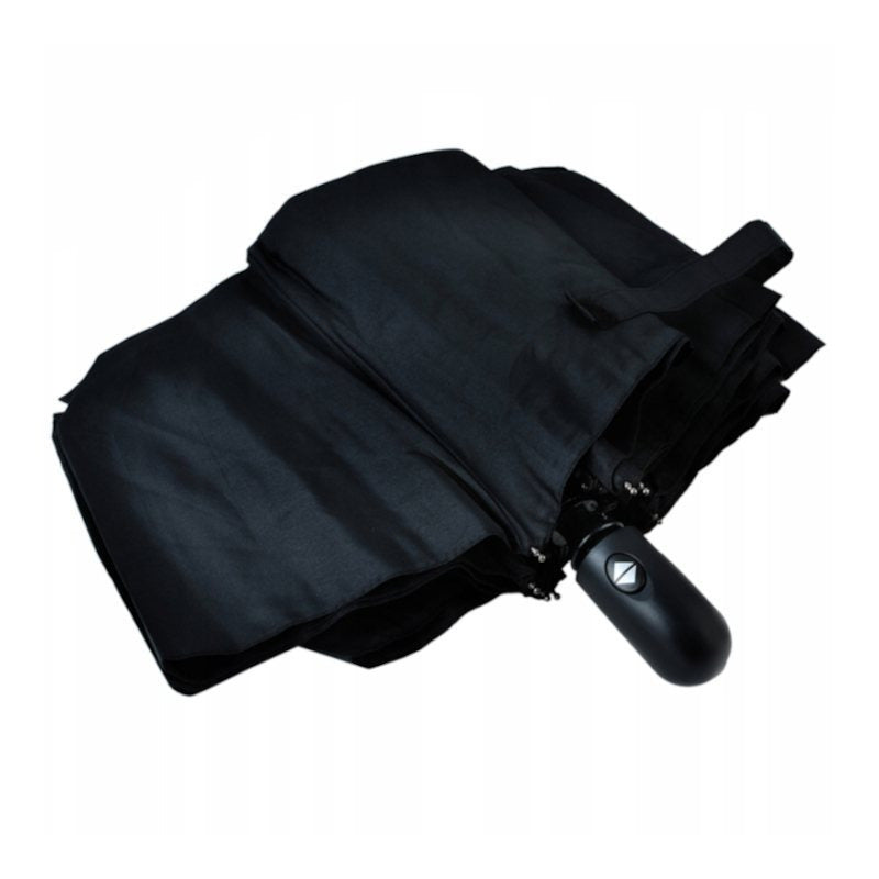 PARAPLUIE XXL NOIRE PLIANTE AUTOMATIQUE ET RÉSISTANTE AU VENT. Ouverture et fermeture à un bouton. Armature robuste à 8 baleines en acier à ressort et fibre de carbone. Diamètre XXL de 96 cm. Matériau à séchage rapide avec revêtement UV. Longueur compacte