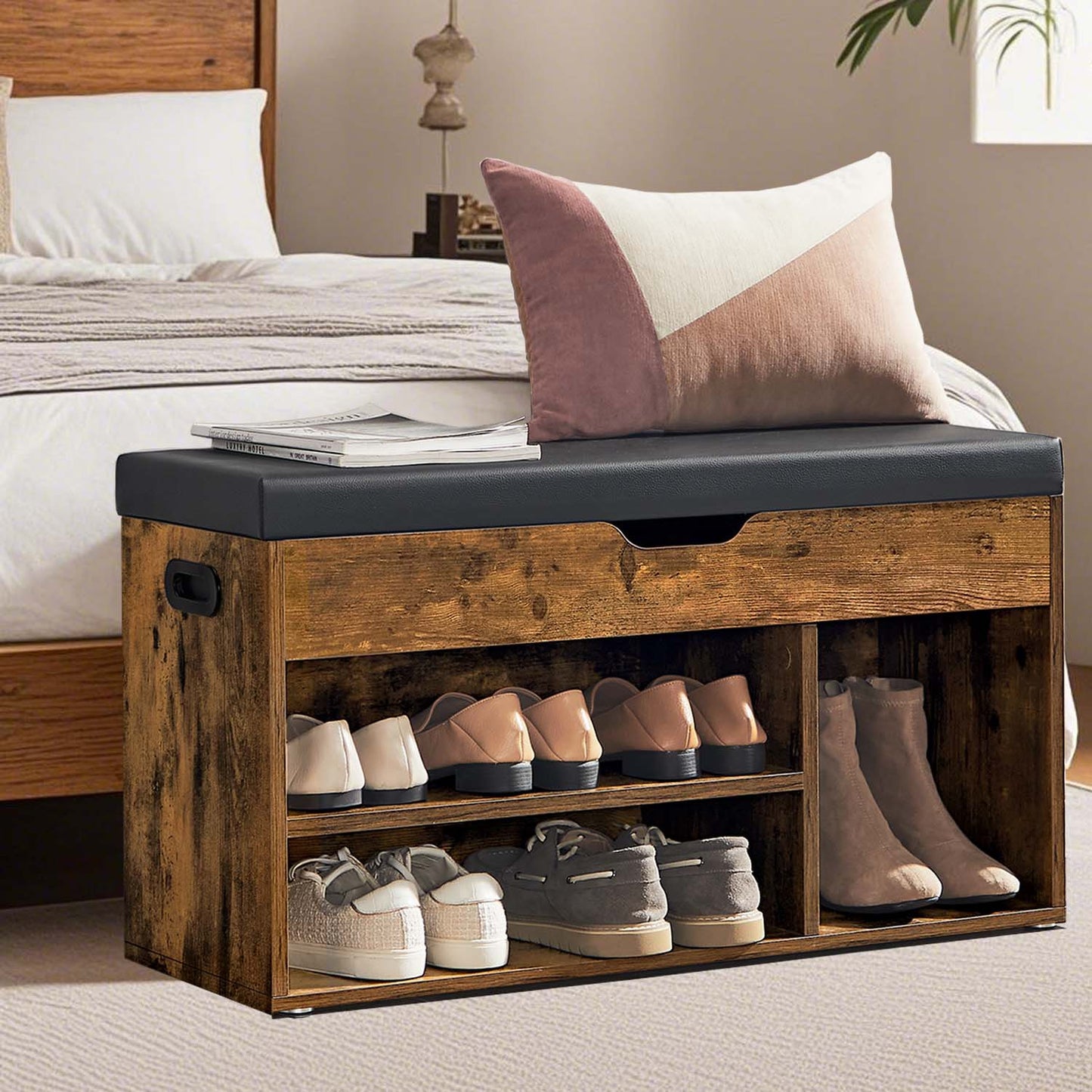 Banc à Chaussures Rembourré, 3 Compartiments, Capacité de Charge 136 kg, Rangement Caché, Étagères, pour Chambre, Salon, Entrée