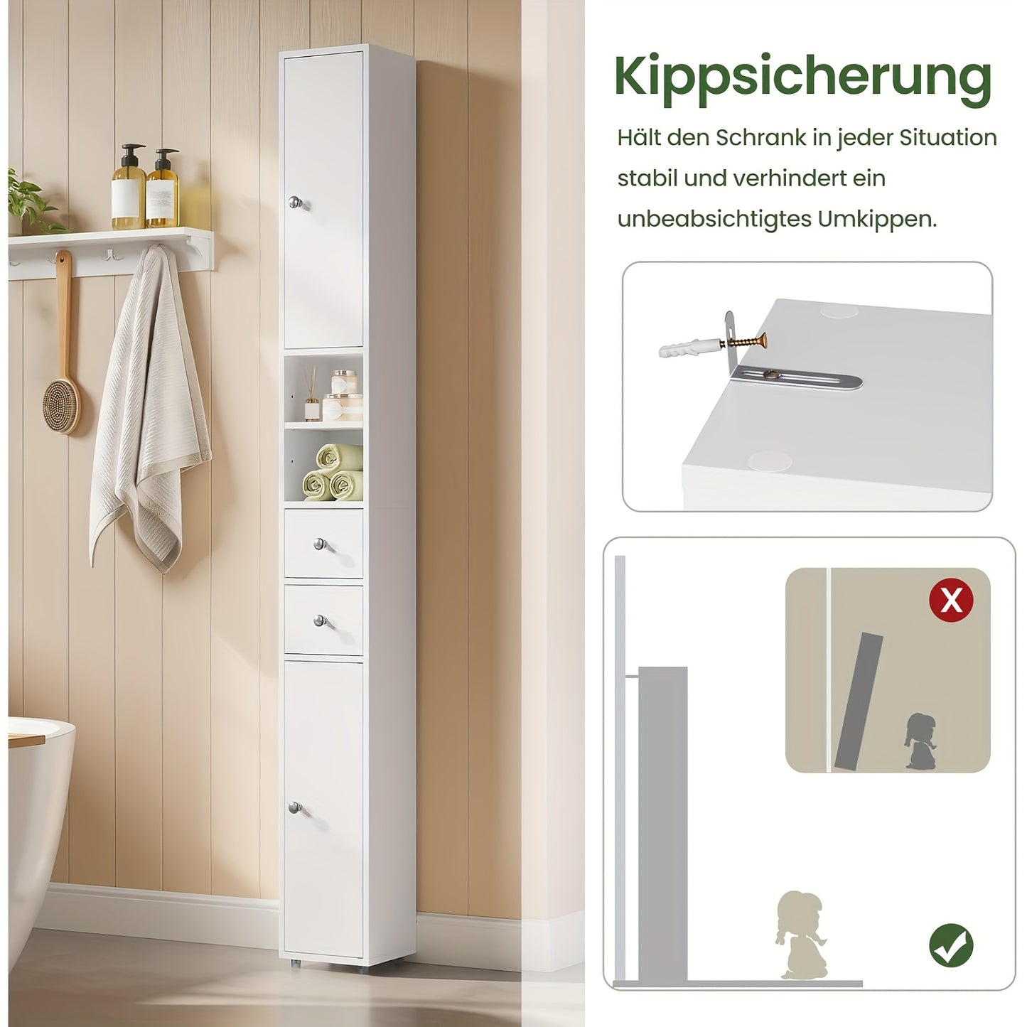1pièce Armoire de salle de bain, Armoire de salle de bain étroite et haute avec tiroirs, Compartiments de meubles de salle de bain, Étagères ajustables, Portes, Blanc, MDF, 20 x 180 x 20 cm